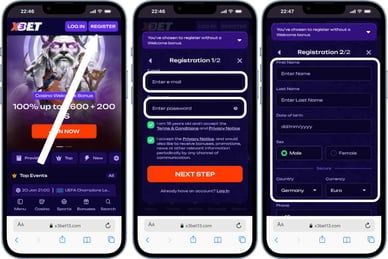 X3Bet Casino - Interface mobile avec inscription et bonus de bienvenue